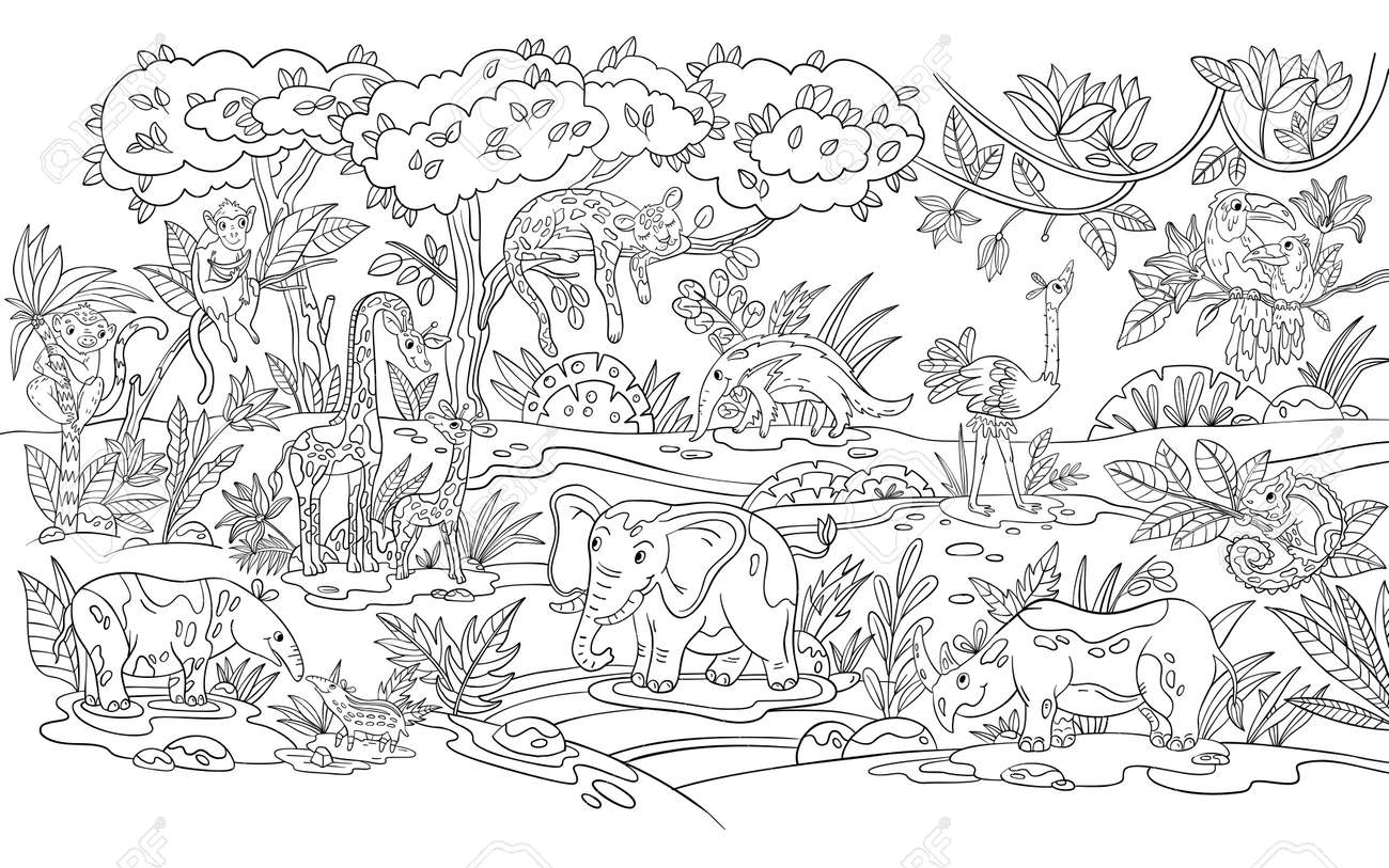 Vector Coloring Page For Kids With Tropical Animals Birds And Trees African Fauna And Flora In Cartoon Doodle Style Jungle Coloring Book For Educational Games Materials Nursery Posters And Prints Royalty Free