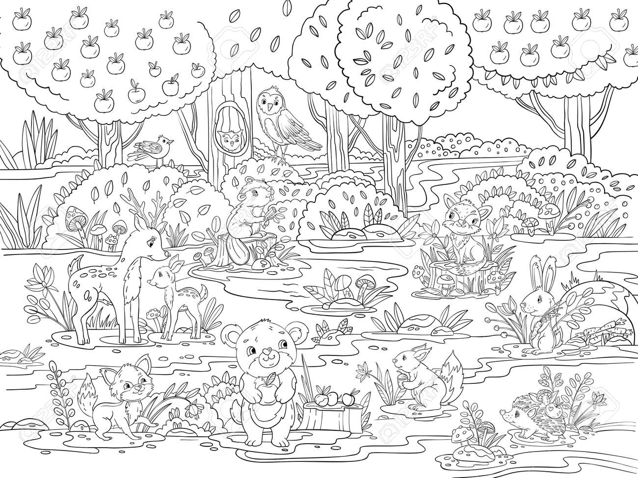 Vector Coloring Page With Cute Forest Animals Plants Trees Mushrooms And Flowers Doodle Coloring Book With Baby Bear Fox Beaver Squirrel Hare Owl Hedgehog Isolated On White Royalty Free SVG Cliparts Vectors 