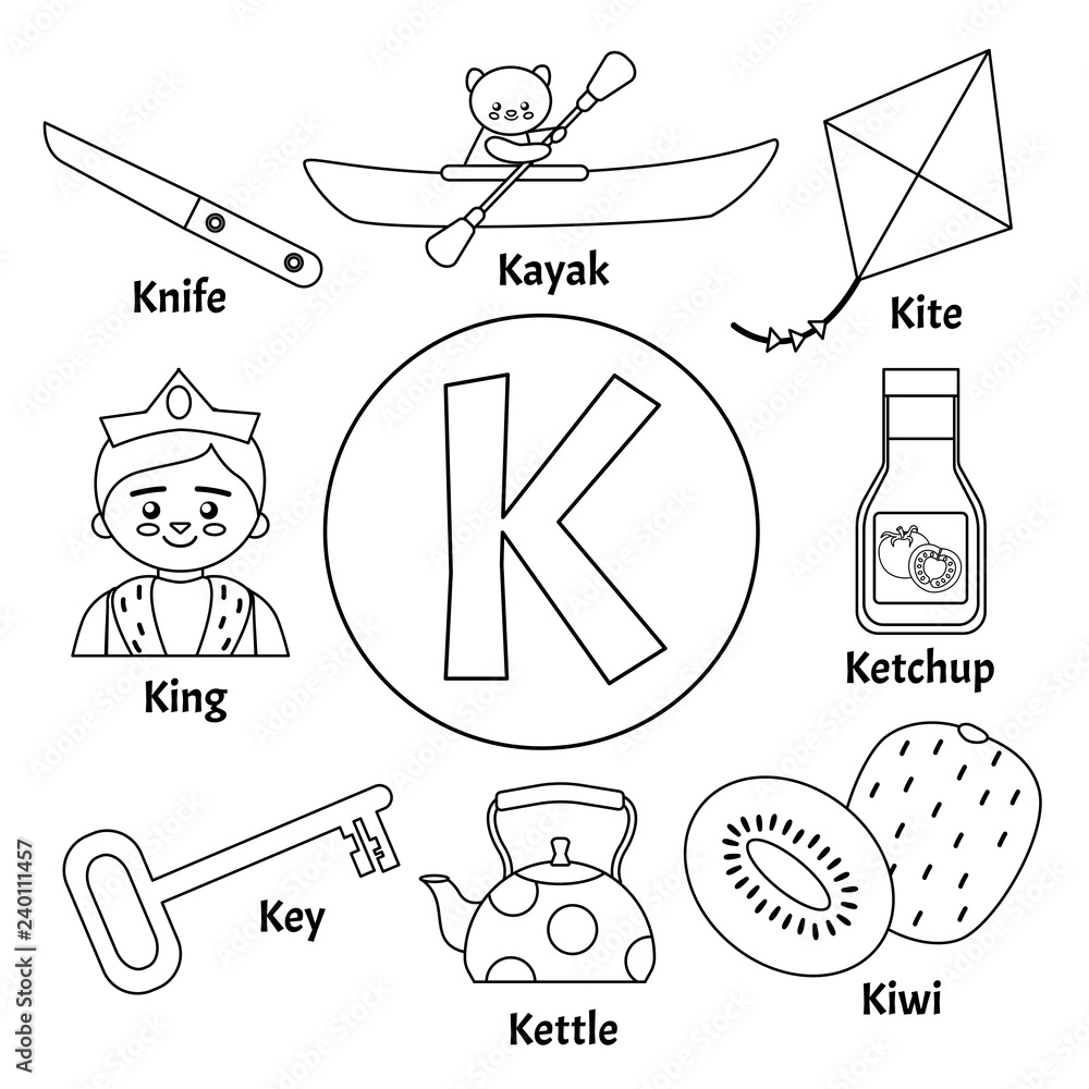 Vector Cute Kids Animal Alphabet Letter K Set Of Cute Cartoon Illustrations Coloring Page Stock vektor Adobe Stock