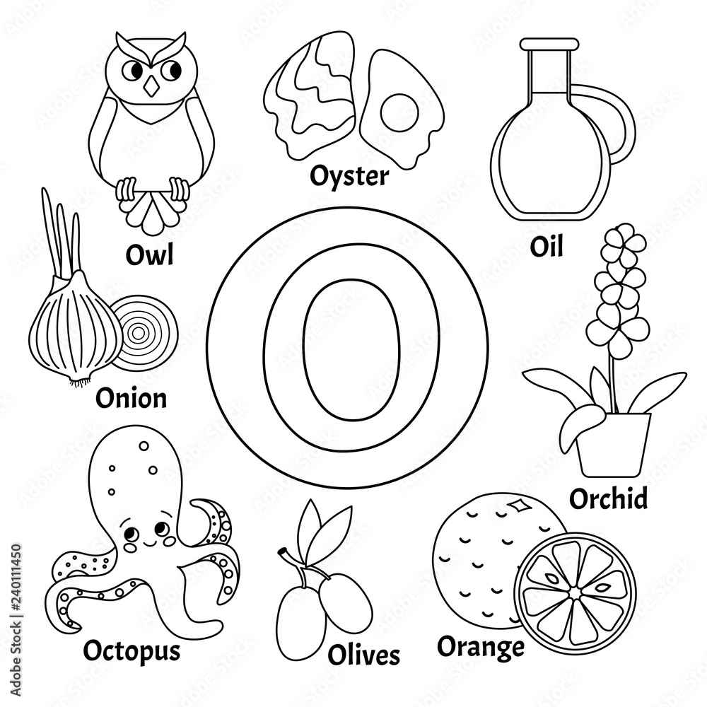 Vector Cute Kids Animal Alphabet Letter O Set Of Cute Cartoon Illustrations Coloring Page Stock Vector Adobe Stock